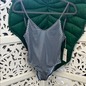 NWT Kikirio one piece net mesh swimsuit. Grey/ sky blue. XS